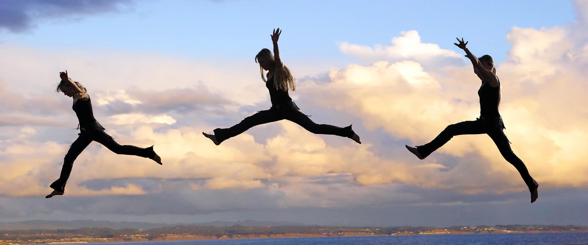 Muliple shots of a Leaping woman at sunset